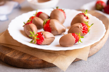 Strawberries with chocolate, delicious and gourmet dessert