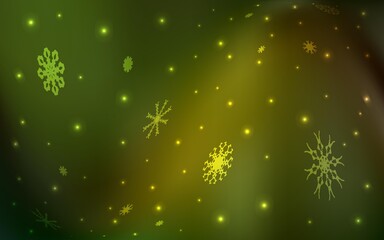 Fototapeta na wymiar Dark Green, Yellow vector texture with colored snowflakes. Decorative shining illustration with snow on abstract template. The pattern can be used for new year leaflets.