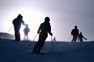 silhouettes of alpine skiers going down the ski slope in contrasting light