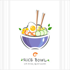 Rice bowl with shrimps, egg and cucumber. Healthy food design template. Illustration with chopstick and poke bowl with rice