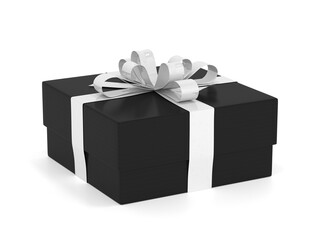 Black gift box with silver ribbon bow