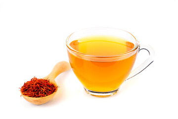 Safflower herbal tea on white background