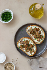 Bruschetta with mushrooms and white cheese. Healthy eating. Vegetarian food.