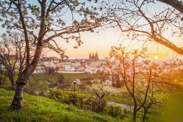 View over Prague skyline with from Petrin hill at spring