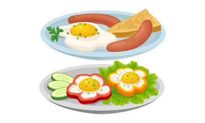 Scrambled Egg with Sausage and Vegetables as Tasty Dishes Served on Plate Vector Set