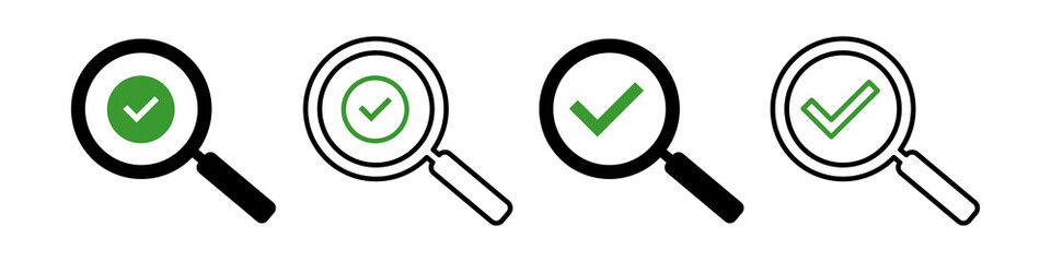 Magnifier with confirmation icon. Set of Magnifying glasses with tick check mark icons. Magnifier with check mark outline sign, successful search icon. Vector illustration.