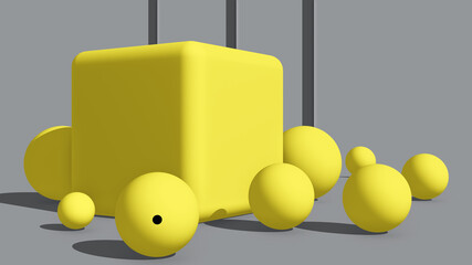 Gruppe farbiger geometrische Körper vor gelbem / grauen Hintergrund für Werbung und Beschriftung. 3D gerendert Illustration