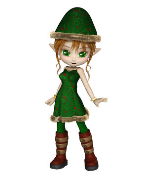 Toon Christmas Elf Girl in a Green Dress and Hat, 3d digitally rendered fantasy illustration