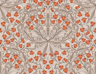 Floral seamless pattern with big and small orange flowers on light background. Vector illustration. - 401016830