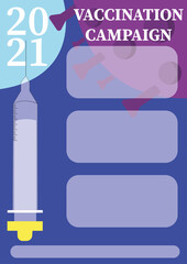 Banner design to inform about the vaccination campaign against covid-19. Illustration of virus and syringe with needle.