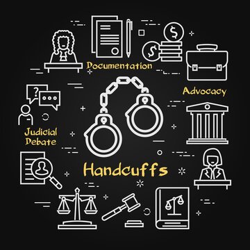 Vector black line banner of legal proceedings - handcuffs icon