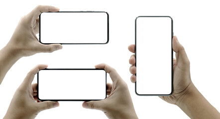 Collection of man hand holding the black smartphone iphone with blank screen and modern frameless design in two rotated perspective positions, mockup model similar smartphone, - isolated on background