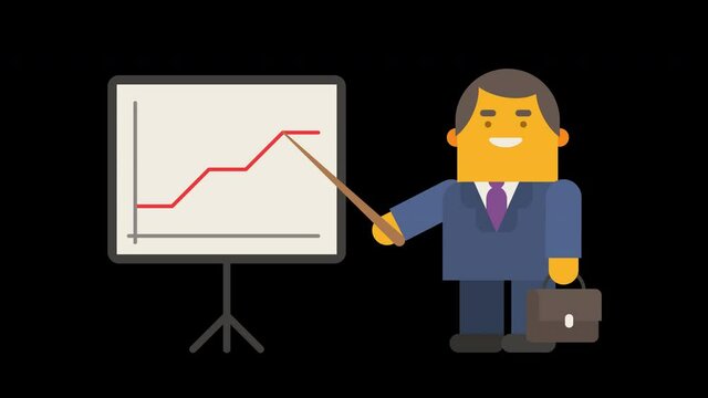 Businessman stands near flipchart and shows rise and fall financial chart. Alpha channel
