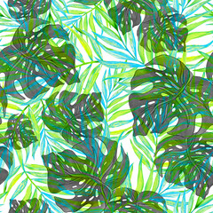 palm leaves and exotic monstera leaves seamless tropical pattern