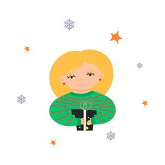 Cute girl with gift star and snowflakes vector illustration