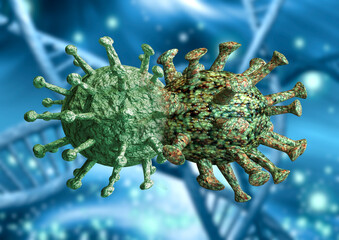 Coronavirus mutation. Process of genetic modification of the viruses causing Covid-19