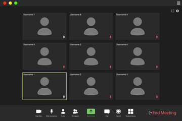 Video conference user interface. Video call screen interface template. Application for social communication. nine users.