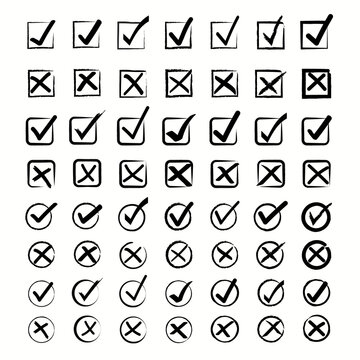 Set of hand drawn check marks, true or false sign icon of black color.