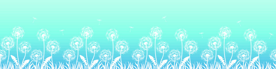 Banner with flowers, dandelions. Silhouette of white dandelions on blue background. Floral print pattern, textile pattern. Seamless vector illustration. White flowers with white grass, flying seeds.