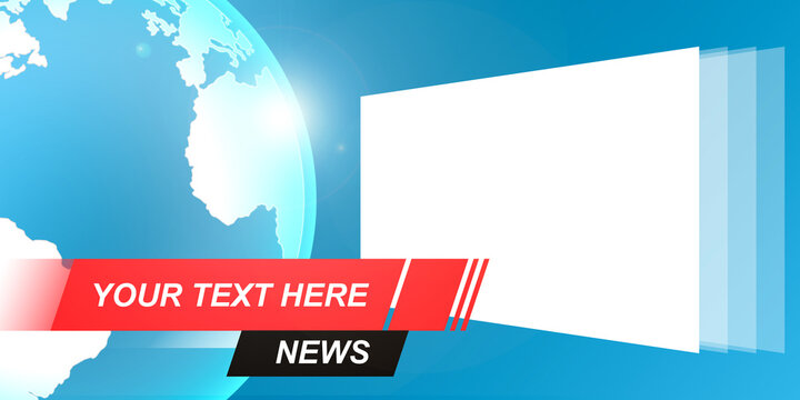 Template, mockup for breaking news screen on TV, video, online newspapers and magazines. Copyspace to insert image and text. Blue background and shining globe with space for name.