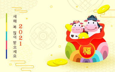 Seollal festival (Korean New Year 2021) greeting card vector illustration.Cute cow in lucky bag. Korean Translation: 