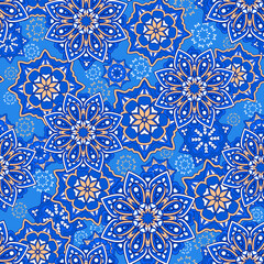 Seamless ornamental oriental pattern. Repeating geometric tiles with mandala. Vector laced decorative background with floral and geometric ornament. Indian or Arabic motive. Boho festival style