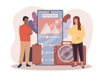 Male and female characters using photo editing app on smartphone. Concept of professional mobile editing application with desktop capabilities. Flat cartoon vector illustration