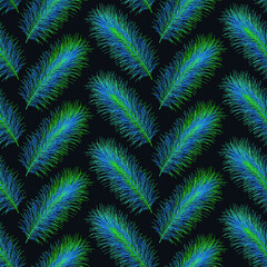 Naklejka na ściany i meble Elegant blue feathers on a black background. Seamless vector illustration. Blue feathers texture for wrapping paper, web, wallpaper, textile, scrapbooking, print etc. Creative feathers background.