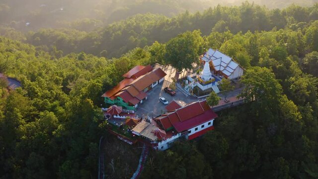 Aerial view of Wat Phrathat Doi Leng temple on hill the famous tourist attraction in Phrae province, Thailand
