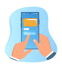 Hands holding smartphone with file downloading. Digital folder file downloading wirelessly on phone screen. Flat cartoon vector illustration.