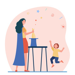 Female magician performing before kid. Woman getting rabbit out of top hat flat vector illustration. Magic, illusion, childhood concept for banner, website design or landing web page