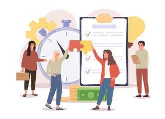 Male and female characters standing next to clipboard and implementing business solutions plan on notepad with check marks. Two women putting the pizzle togother. Flat cartoon vector illustration