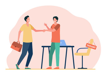 Employer hiring candidate. Men shaking hands at vacant workplace flat vector illustration. Employment, job, career concept for banner, website design or landing web page