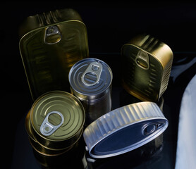 Still life of canned food in different types of cans