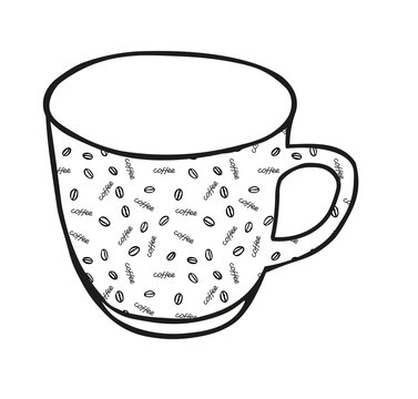 Black Hand Drawing Illustration Of A Cup For Hot Tea With Pink Pattern Isolated On A White Background