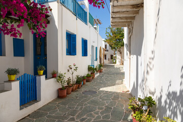 View of the narrow side street in Kastro, Folegandros Island, Greece.