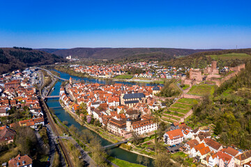 Fototapeta na wymiar Aerial view, Wertheim with castle, river Main and Tauber, Baden-Württemberg, Germany