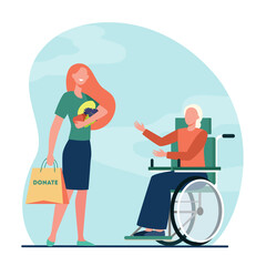 Volunteer bringing food to disabled woman. Donation, wheelchair, handicapped person flat vector illustration. Disability, volunteering, help concept for banner, website design or landing web page