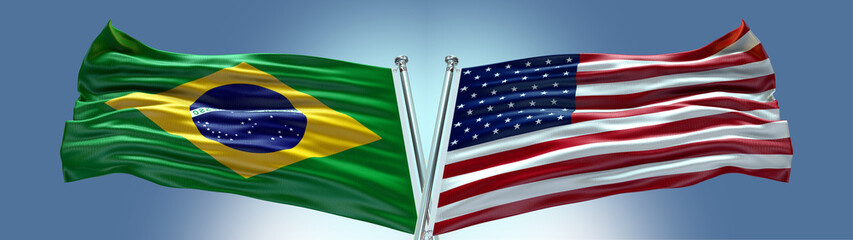 Double Flag United States of America vs Brazil flag waving flag with texture background