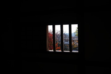Autumn view from Himeji Castle (Himejijo) in Hyogo prefecture, Japan - 日本 兵庫県 姫路城の格子窓からの秋景色