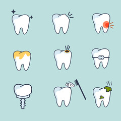 Vector set of tooth icons. Dentistry icons collection. Teeth diseases.