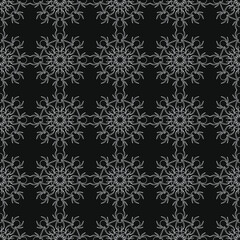 Seamless pattern of white spiders on a black background. Abstract creative composition.Geometric spiders ornament. Vector illustration for fabric design, textile print, packaging, scrapbooking, etc.
