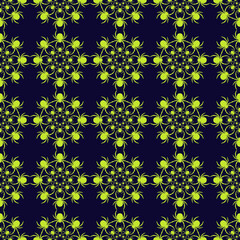 Seamless pattern of yellow spiders on a dark background. Abstract creative composition. Geometric spiders ornament. Vector illustration for fabric design, textile print, packaging, scrapbooking, etc.