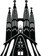 Vector illustration of La Sagrada Familia, the cathedral designed by Antoni Gaudi. La Sagrada Familia black silhouette. Isolated vector.