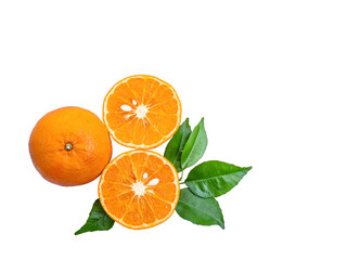 isolated orange whole and half slice with green leaves a top view die-cut of citus fruit for healthy foods and juice beverage ingredient with clipping path on white background