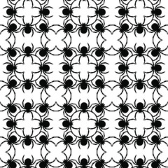 Seamless pattern of black spiders on a white background. Abstract creative composition. Geometric spiders ornament. Vector illustration for fabric design, textile print, packaging, scrapbooking, etc.