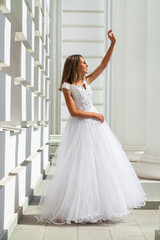 Fototapeta premium Young beautiful girl in ballroom prom dress