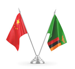 Zambia and China table flags isolated on white 3D rendering