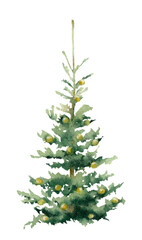 Christmas tree with yellow lights hand drawn in watercolor isolated on a white background. Watercolor illustration. Watercolor fir.