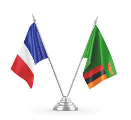 Zambia and France table flags isolated on white 3D rendering